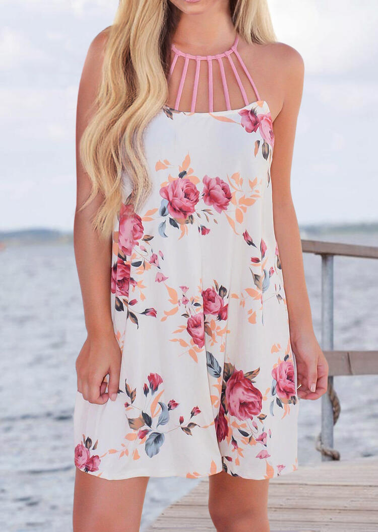 

Floral Hollow Out Mini Dress - White, 471605
