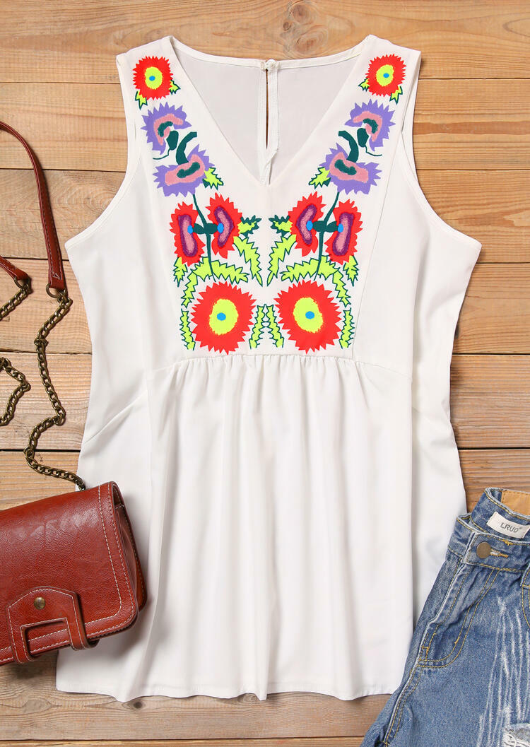 

Vintage Floral V-Neck Tank - White, 472193