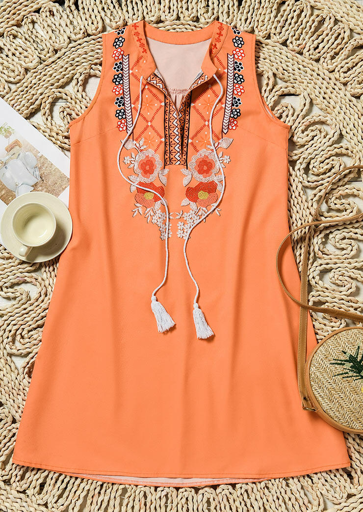 

Floral Geometric Tassel Drawstring Sleeveless Mini Dress - Orange, 472315