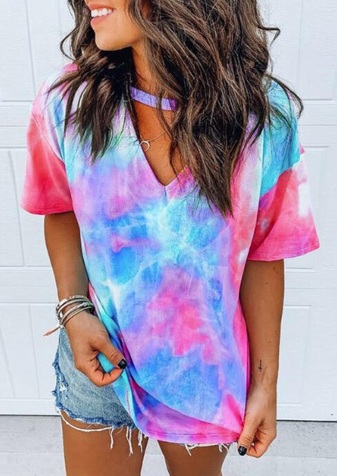 

Tie Dye Hollow Out Blouse without Necklace, Multicolor, 472732