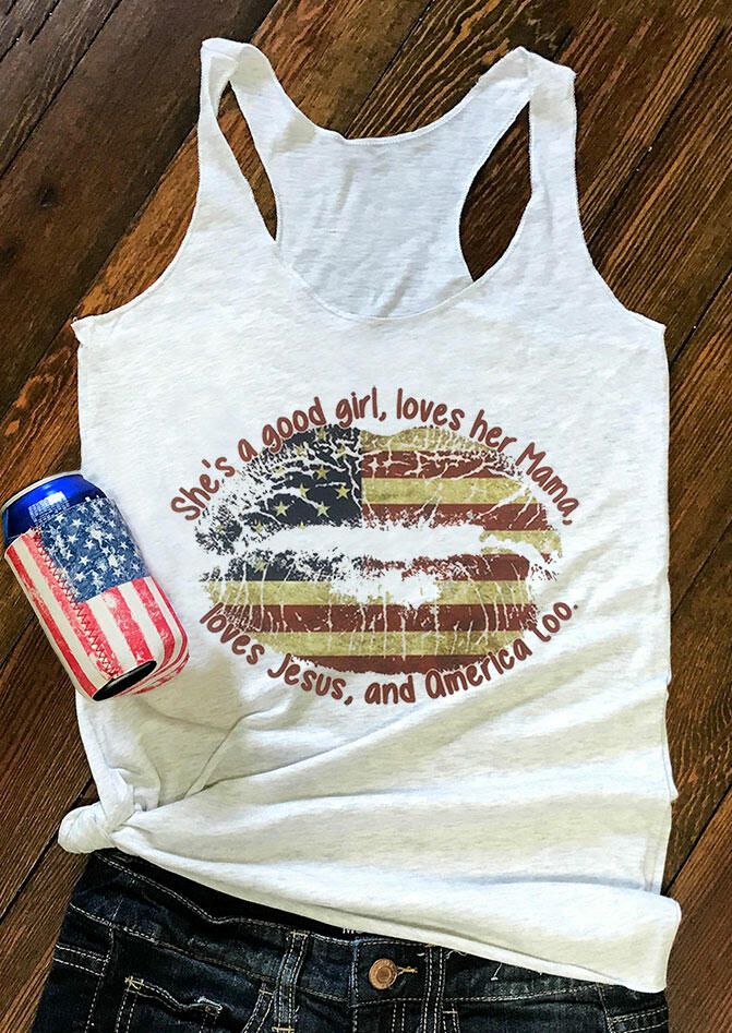 

She's A Good Girl Loves Her Mama American Flag Lips Tank - White, 472297