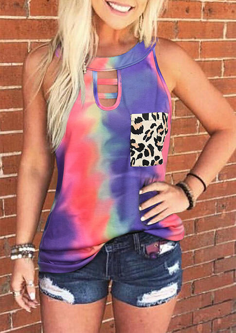 

Tie Dye Leopard Pocket Hollow Out Tank, Multicolor, 472463