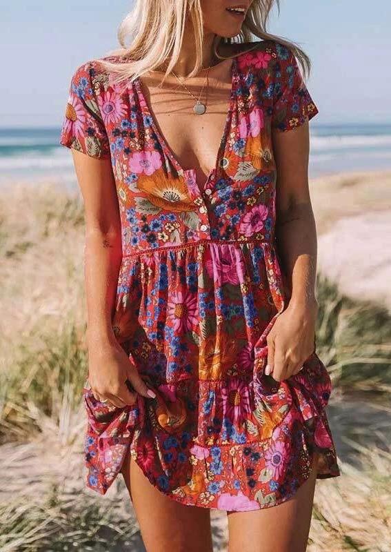 

Floral Ruffled Button Mini Dress without Necklace - Red, 472592