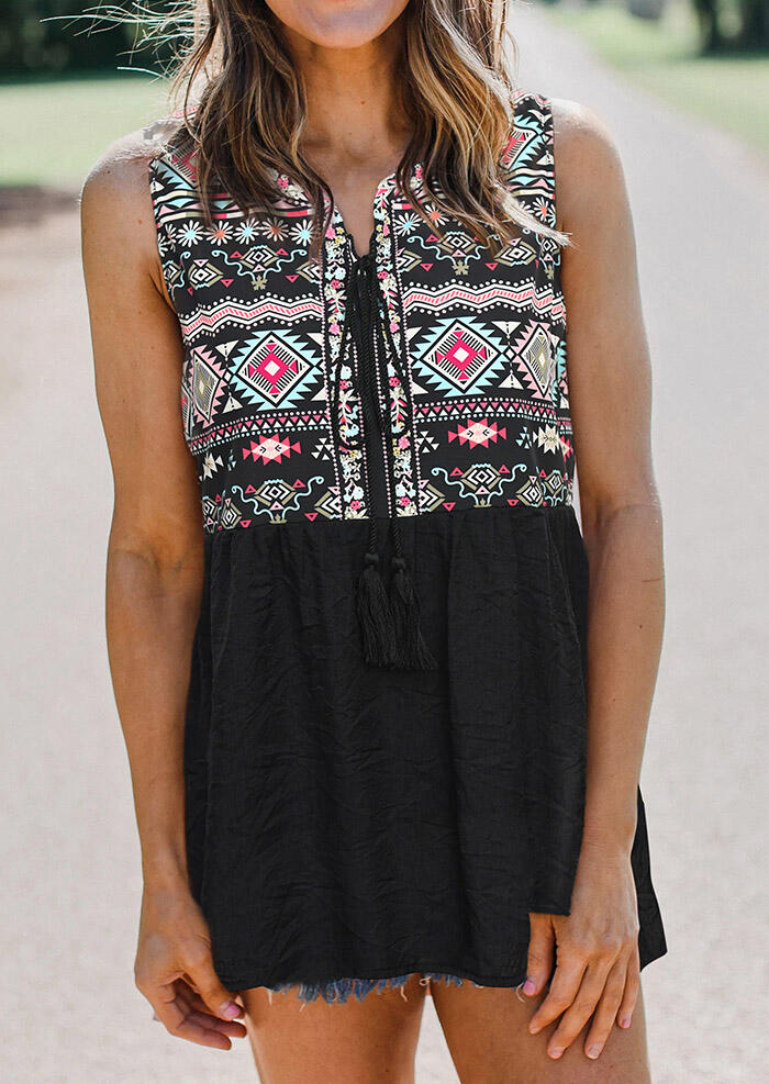 

Aztec Geometric Drawstring Tassel Ruffled Tank - Black, 472962