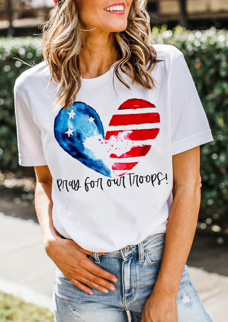 

American Flag Pray For Our Troops Heart T-Shirt Tee - White, 473068