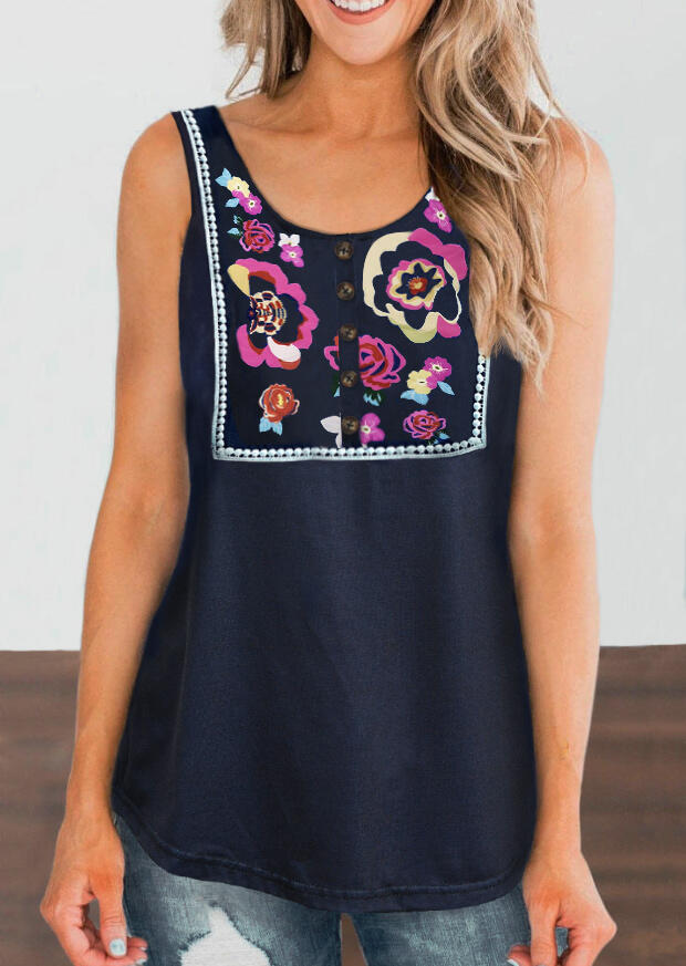 

Vintage Floral O-Neck Tank - Navy Blue, 472914