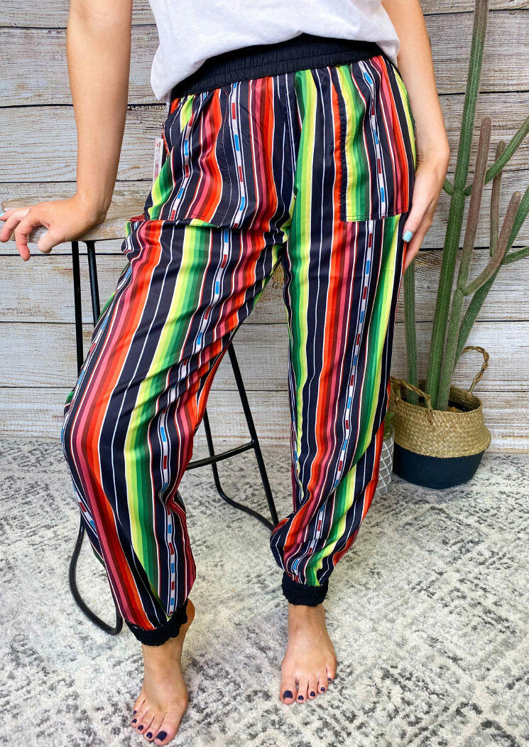 

Colorful Serape Striped Splicing Elastic Waist Pants, Multicolor, 473043