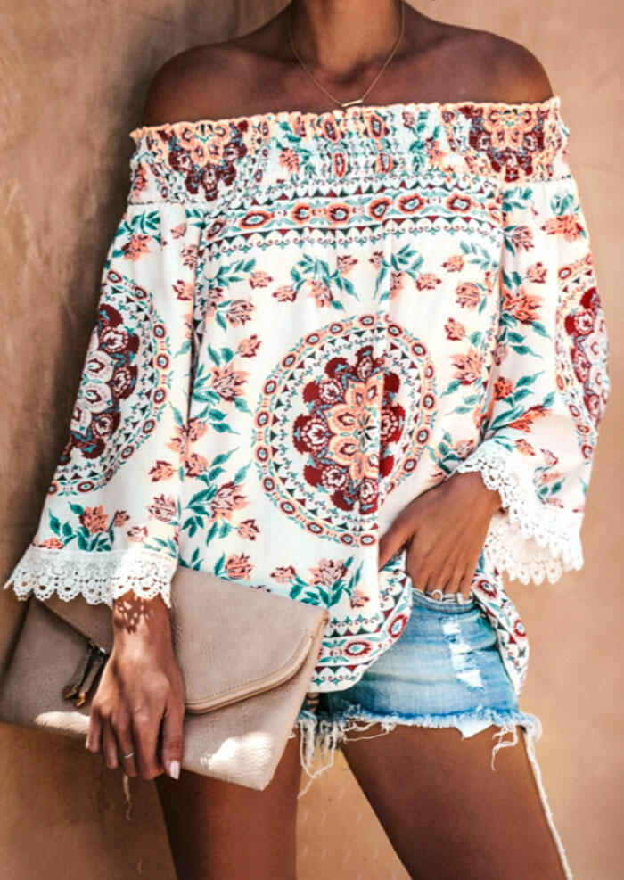 

Lace Splicing Floral Off Shoulder Blouse - White, 472960