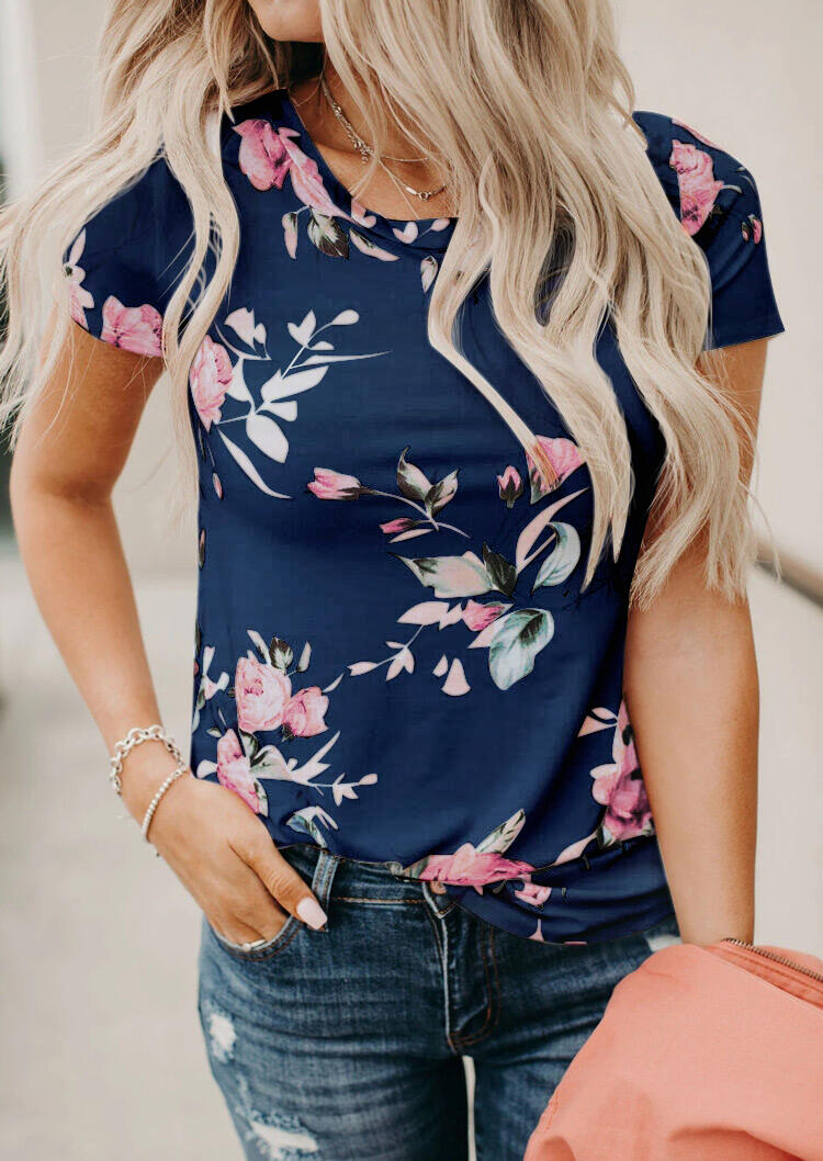 

Floral O-Neck T-Shirt Tee without Necklace - Navy Blue, 472983