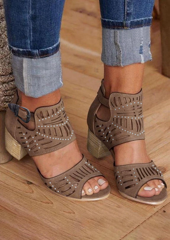 

Rhinestone Hollow Out Buckle Strap Sandals - Light Coffee, 473105