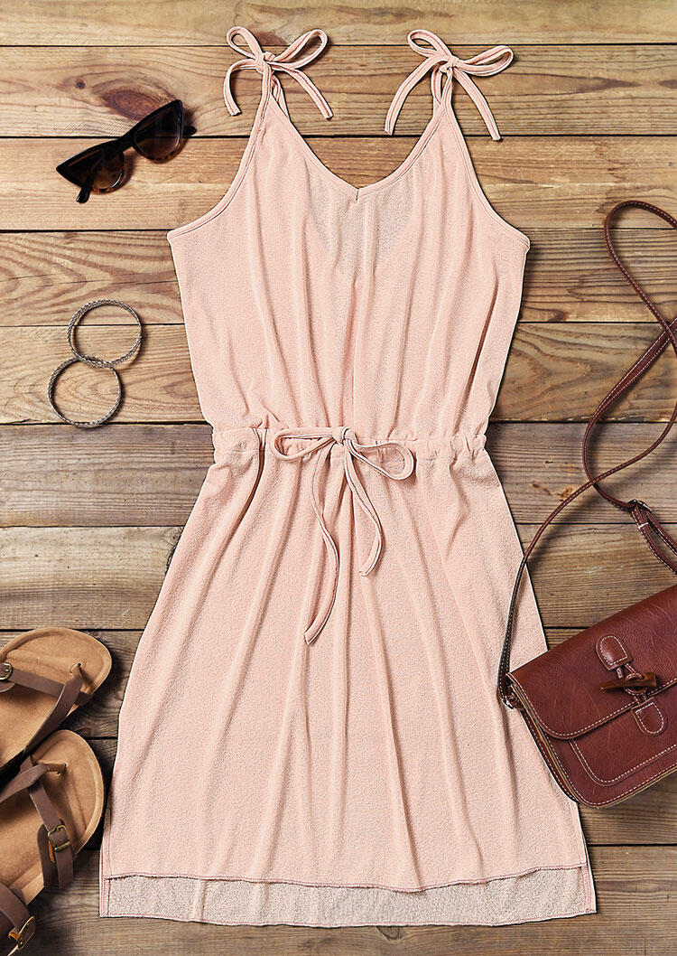 Solid Tie Drawstring V-Neck Casual Dress without Necklace - Pink