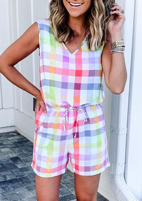 

Colorful Plaid Drawstring Button Pocket Romper, Multicolor, 473202