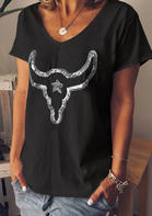 Steer Skull Sequined T-Shirt Tee without Necklace - Black