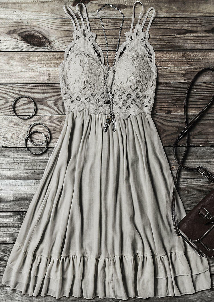 Lace Splicing Ruffled Spaghetti Strap Mini Dress without Necklace - Gray