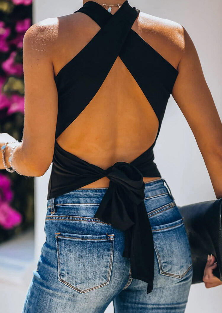 

Criss-Cross Open Back Halter Tank without Necklace - Black, 473422