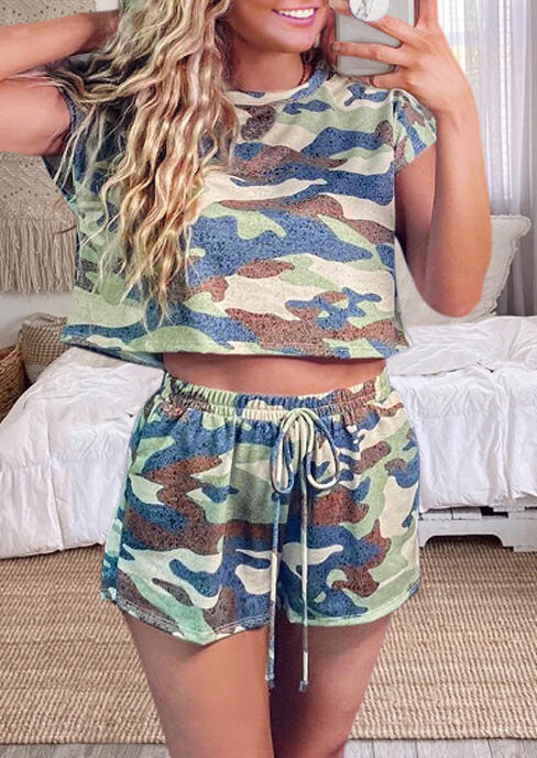 

Camouflage O-Neck T-Shirt Tee And Pocket Drawstring Shorts, Multicolor, 471666