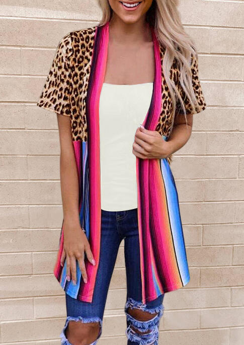 

Leopard Splicing Serape Striped Cardigan, Multicolor, 473465
