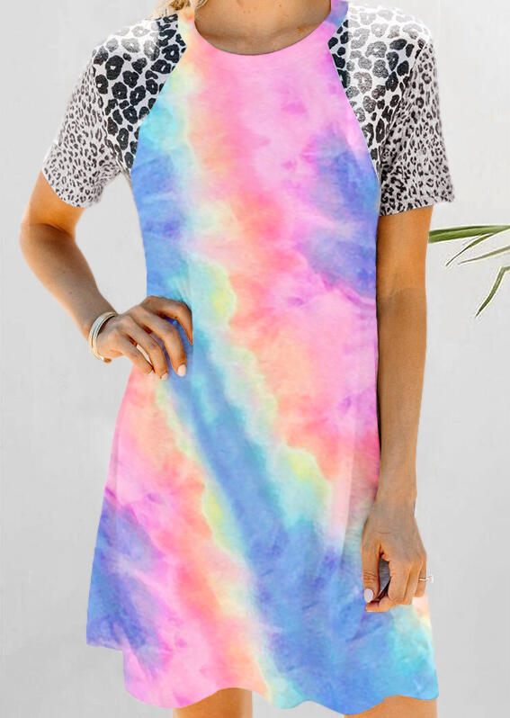 

Tie Dye Leopard Splicing Mini Dress, Multicolor, 473172