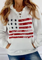 American Flag Lace Up Pocket Hoodie - White