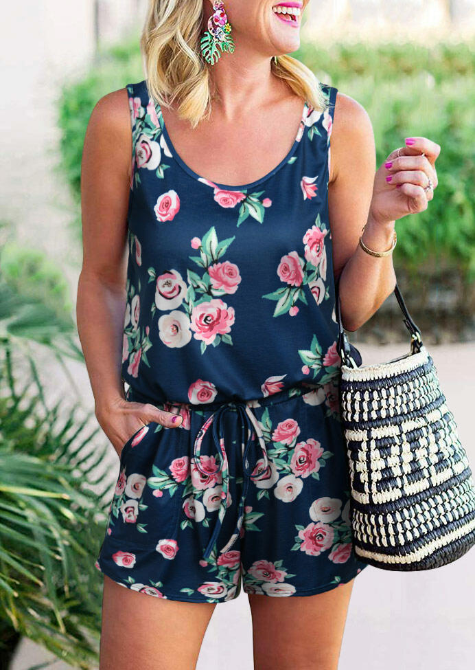 

Floral Pocket Drawstring Romper - Navy Blue, 474009