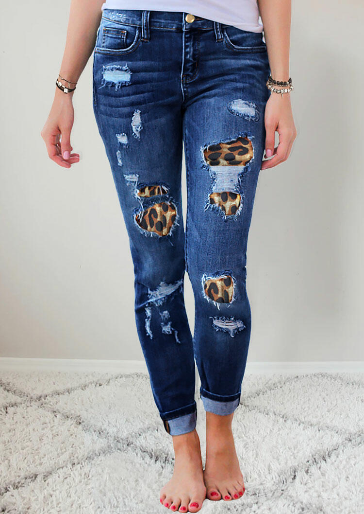 leopard print patch jeans