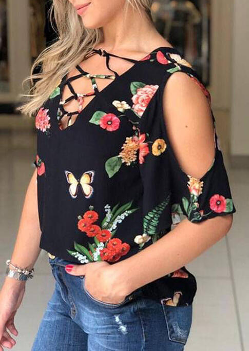 

Floral Criss-Cross Cold Shoulder V-Neck Blouse - Black, 474198