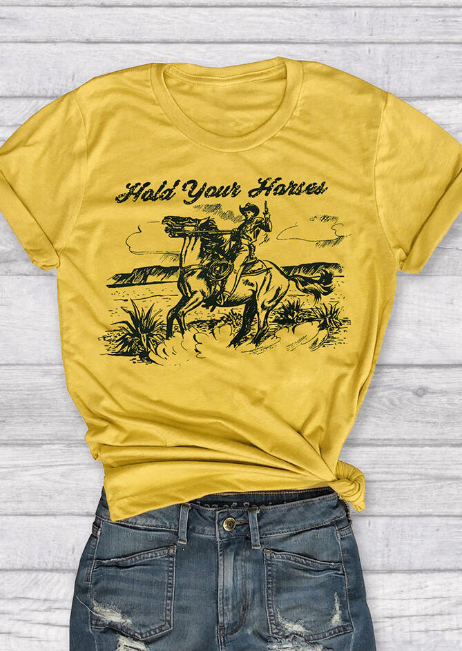 Cowboy Hold Your Horses Rodeo Western T-Shirt Tee - Yellow - Bellelily