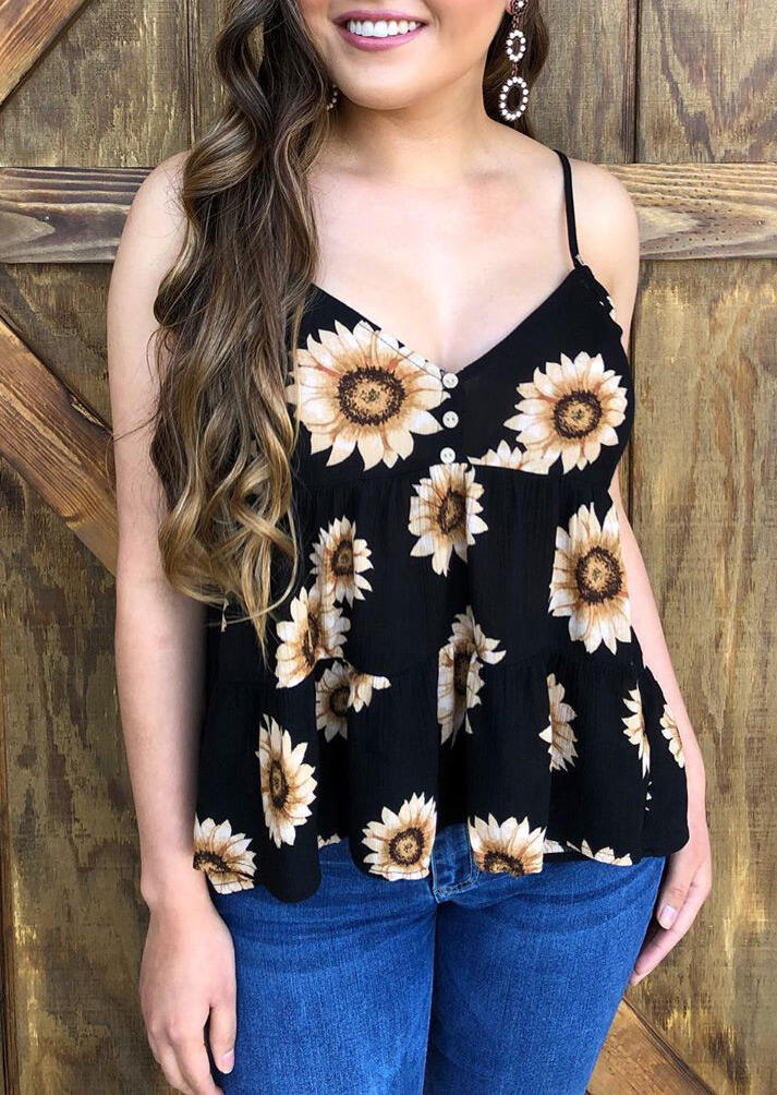 

Sunflower Button Ruffled V-Neck Camisole - Black, 474524