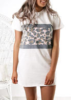 Leopard Splicing O-Neck Mini Dress - White