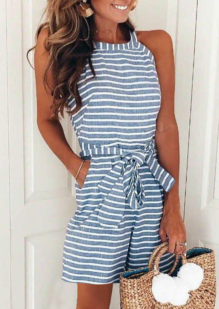 

Striped Splicing Zipper Pocket Halter Romper with Belt - Blue, 474710