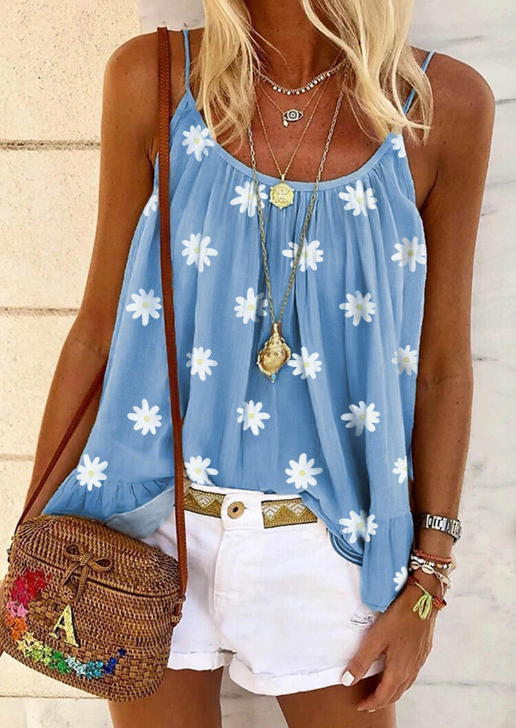 

Daisy Floral Ruffled Camisole without Necklace - Light Blue, 474783