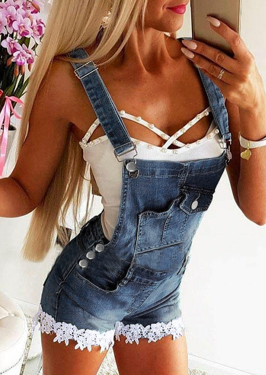 

Lace Splicing Pocket Button Denim Overalls Romper - Blue, 474683