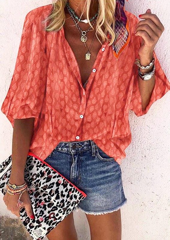 

Button Lantern Sleeve Shirt without Necklace - Orange, 474996