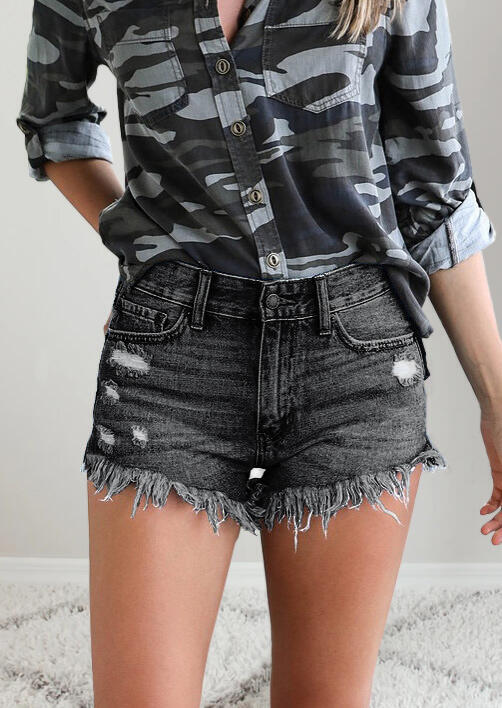 

Ripped Hole Pocket Denim Shorts - Black, 475295