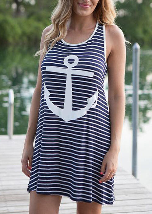 

Striped Splicing Anchor Sleeveless Mini Dress, Stripe, 475437