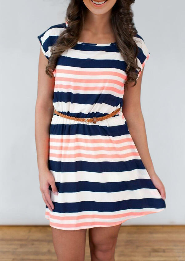 

Colorful Striped Splicing Mini Dress without Belt, Stripe, 475455