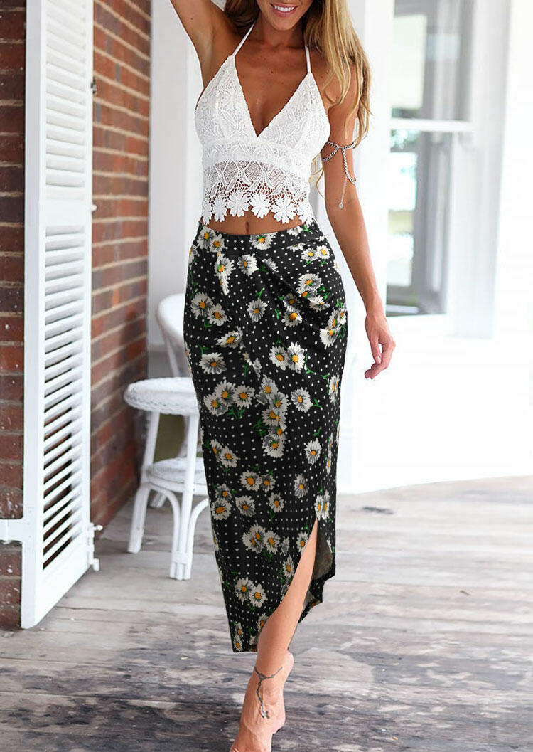 

Lace Splicing Camisole + Daisy Polka Dot Asymmetric Skirt Outfit - White, 475310