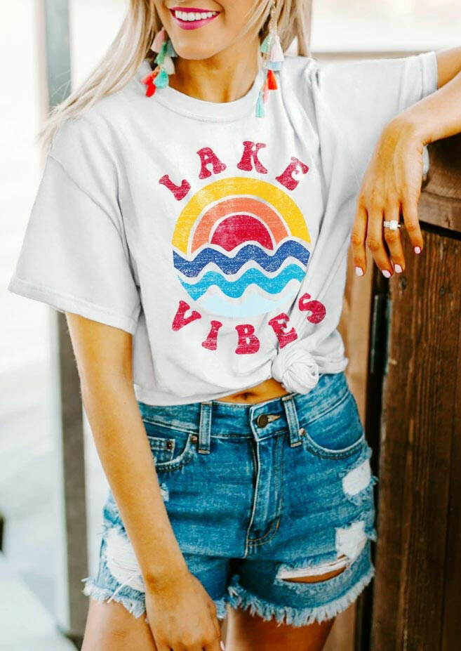 

Lake Vibes Rainbow Wave T-Shirt Tee - White, 475551