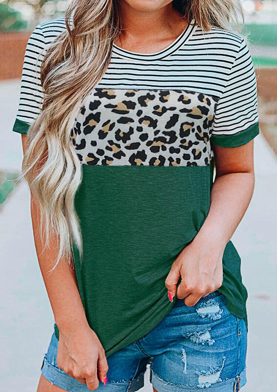 Striped Leopard T-Shirt Tee - Green, 475647