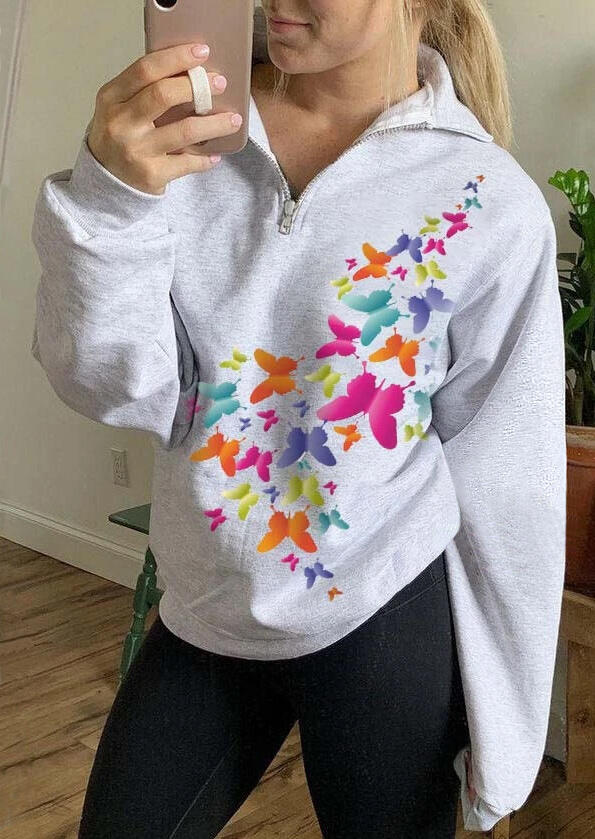 

Colorful Butterfly Zipper Collar Sweatshirt - Light Grey, 475591