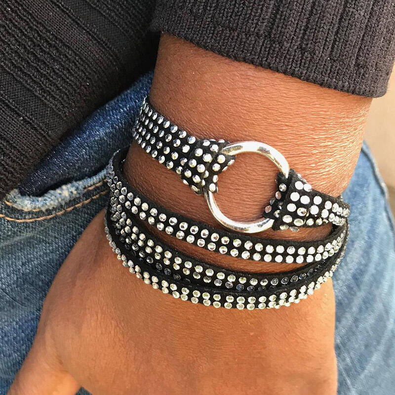 

Crystal Rhinestone Faux Leather Wrap Bracelet, Black, 475749
