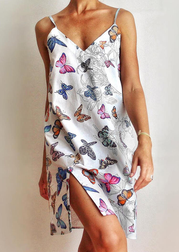 

Floral Butterfly Slit Open Back Spaghetti Strap Mini Dress - White, 475894