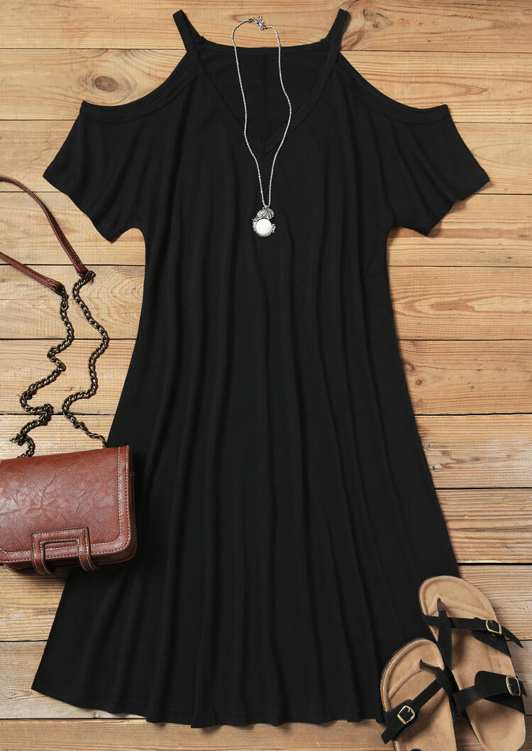 Solid Cold Shoulder Mini Dress without Necklace - Black