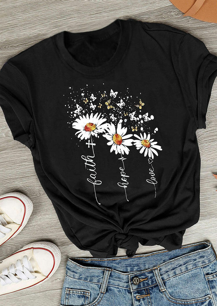 

Faith Hope Love Cross Daisy Butterfly T-Shirt Tee - Black, 475948