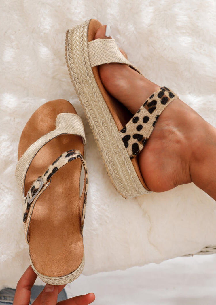 Leopard Buckle Strap Platform Slippers - Bellelily