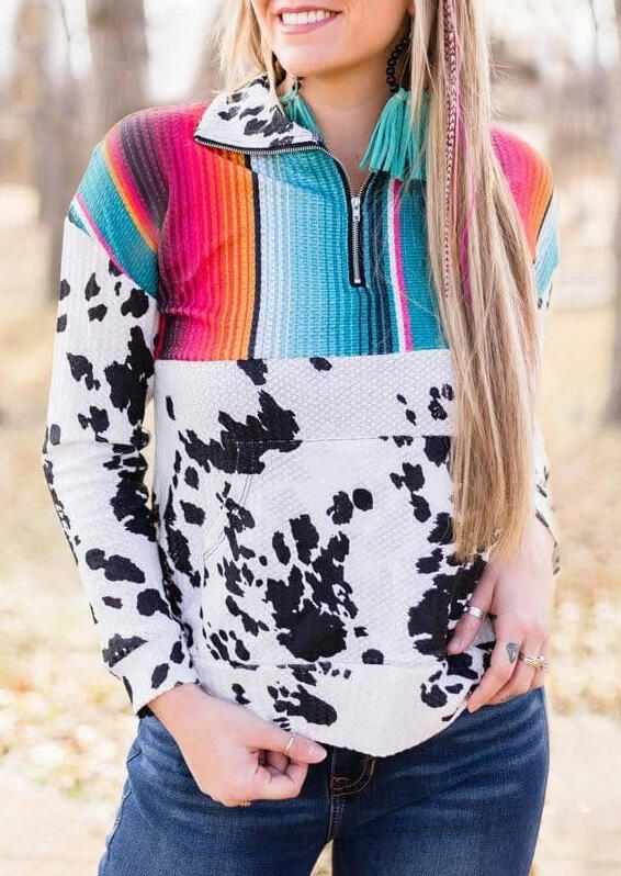 

Colorful Serape Striped Cow Splicing Zipper Collar Sweatshirt, Multicolor, 476464