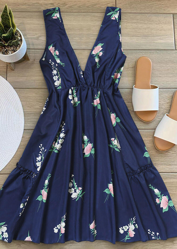 Floral Ruffled Open Back Mini Dress without Necklace - Navy Blue