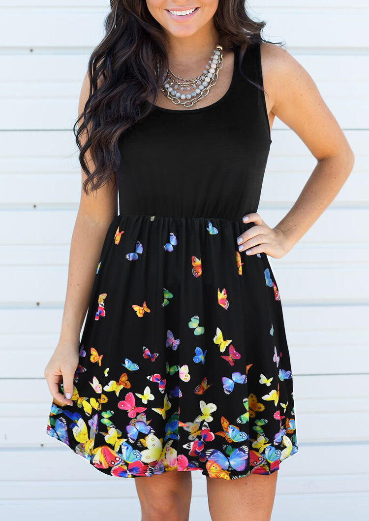 

Butterfly Splicing Ruffled Mini Dress without Necklace - Black, 476438