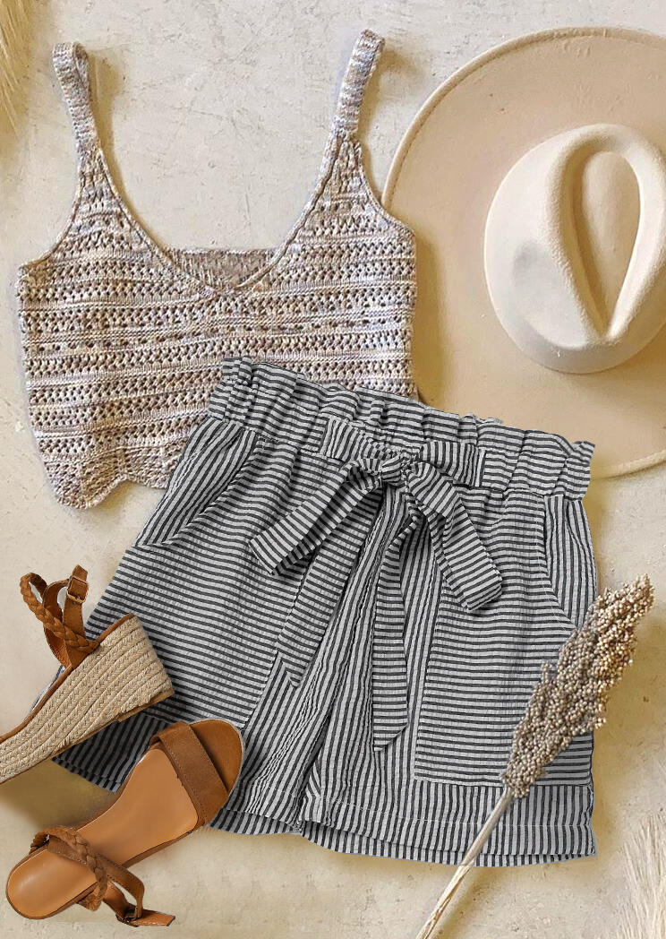 

Striped Pocket High Waist Bowknot Shorts - Black, 476453