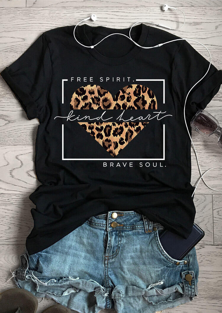 

Free Spirit Kind Heart Brave Soul Leopard T-Shirt Tee - Black, 476611